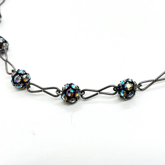 VINTAGE AB Aurora Borealis Crystal Disco Ball Necklace Gunmetal Station Choker - Picture 8 of 13
